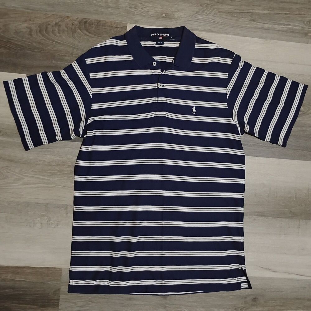 Vtg Polo Sport Blue Striped Short Sleeve Polo Shirt Men's Large 100% Cotton
